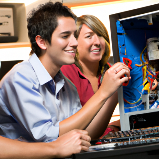 קבוצה של טכנאי מחשבים שעובדים יחד בחנות לתיקון מחשבים
