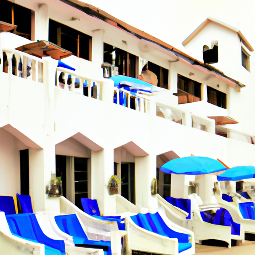 תמונה של מלון מסורתי מסויד לבן עם גג כחול ופינת ישיבה חיצונית.