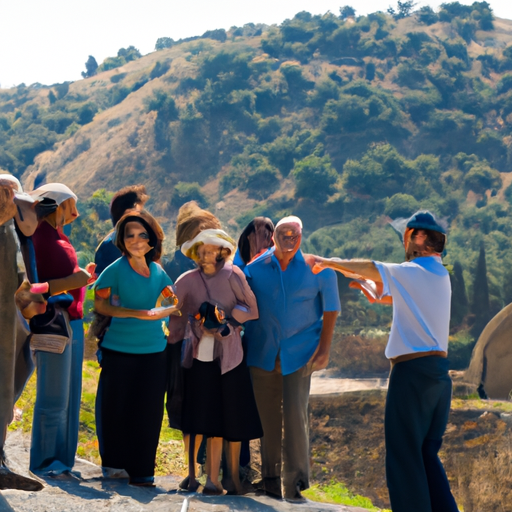 An image showing a group of happy tourists at a historical site in the Galilee region, with a Bein Harim Tours guide explaining the site's history.