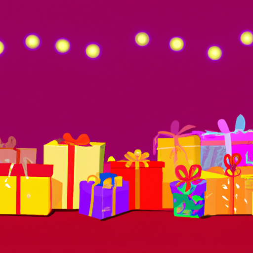 תמונה המתארת מגוון מתנות חגיגיות עטופות בניירות תוססים, עם רקע של אורות מנצנצים וקישוטי חג.