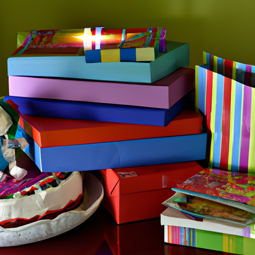 תמונה צבעונית המציגה מבחר של מתנות יום הולדת, כולל צעצועים, ספרים ועוגת יום הולדת.