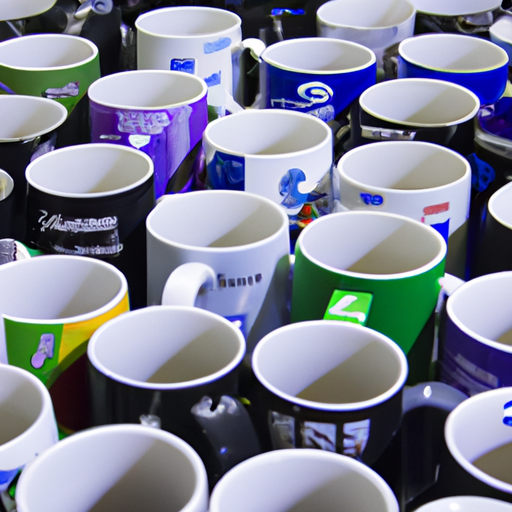 תמונה המציגה מערך של כוסות ממותגות הנושאות סמלי חברה שונים